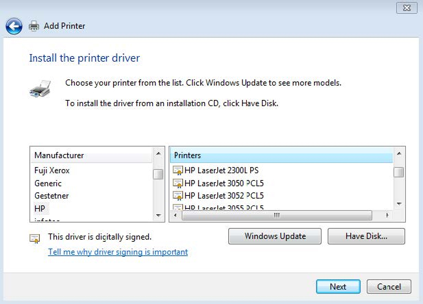 Printer driver selection screen